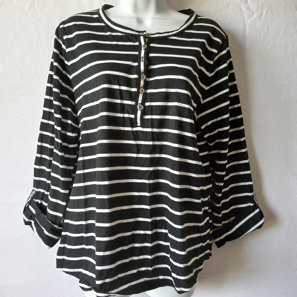 Jones New York Sport Black  White Stripes NWT Long Sleeve Top Sz XXL Casual Work
